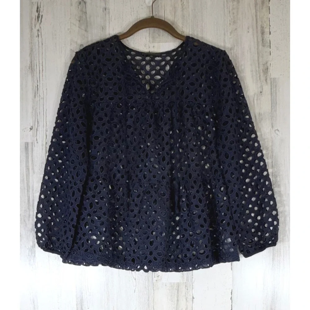 J Crew Babydoll Tiered Top Size XS Navy Blue Tie Neck Open Knit Eyelet Oversized